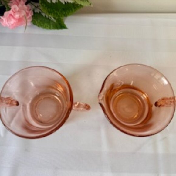 Pink Depression Glass Cream Sugar Set Vintage Swirl Handles Art Deco Style Table - Picture 3 of 3